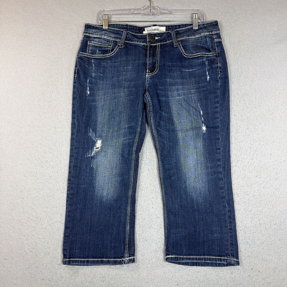 Vigoss Womens Jeans Capri Blue Denim Distressed Whiskering Size 11